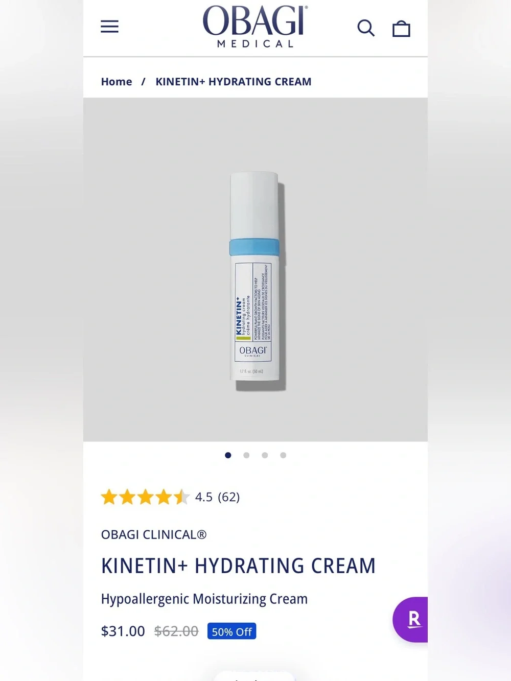 Obagi Kinetin+ Hydrating Cream – White with Blue Accents and Green Label